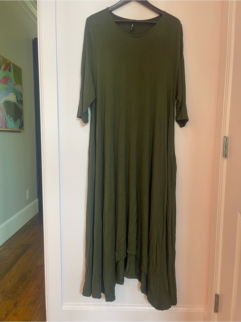 Ami Olive Green Asymmetrical Midi Dress